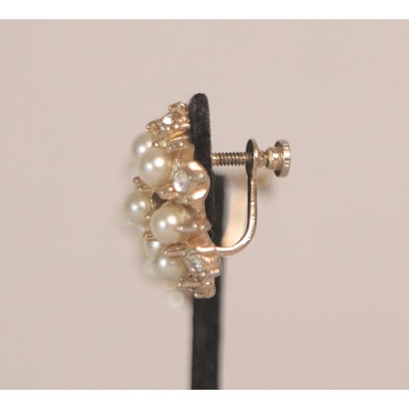 Pearly Beads And Rhinestones Cluster Earrings Screw Backs - Picture 5 of 8